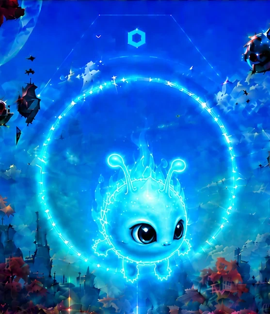A blue Wisp hovering inside a glowing ring above an alien city.