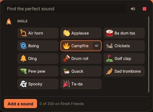The soundboard: Air horn, Applause, Ba dum tss, Campfire and more.